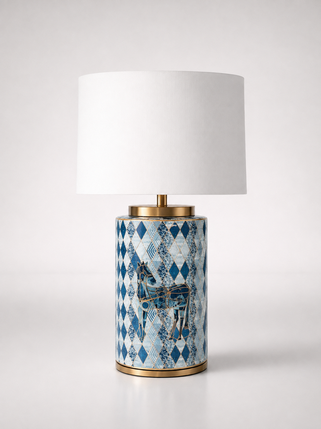 Blue Harlequin Horse Detail Lamp Base With White Silk Shade